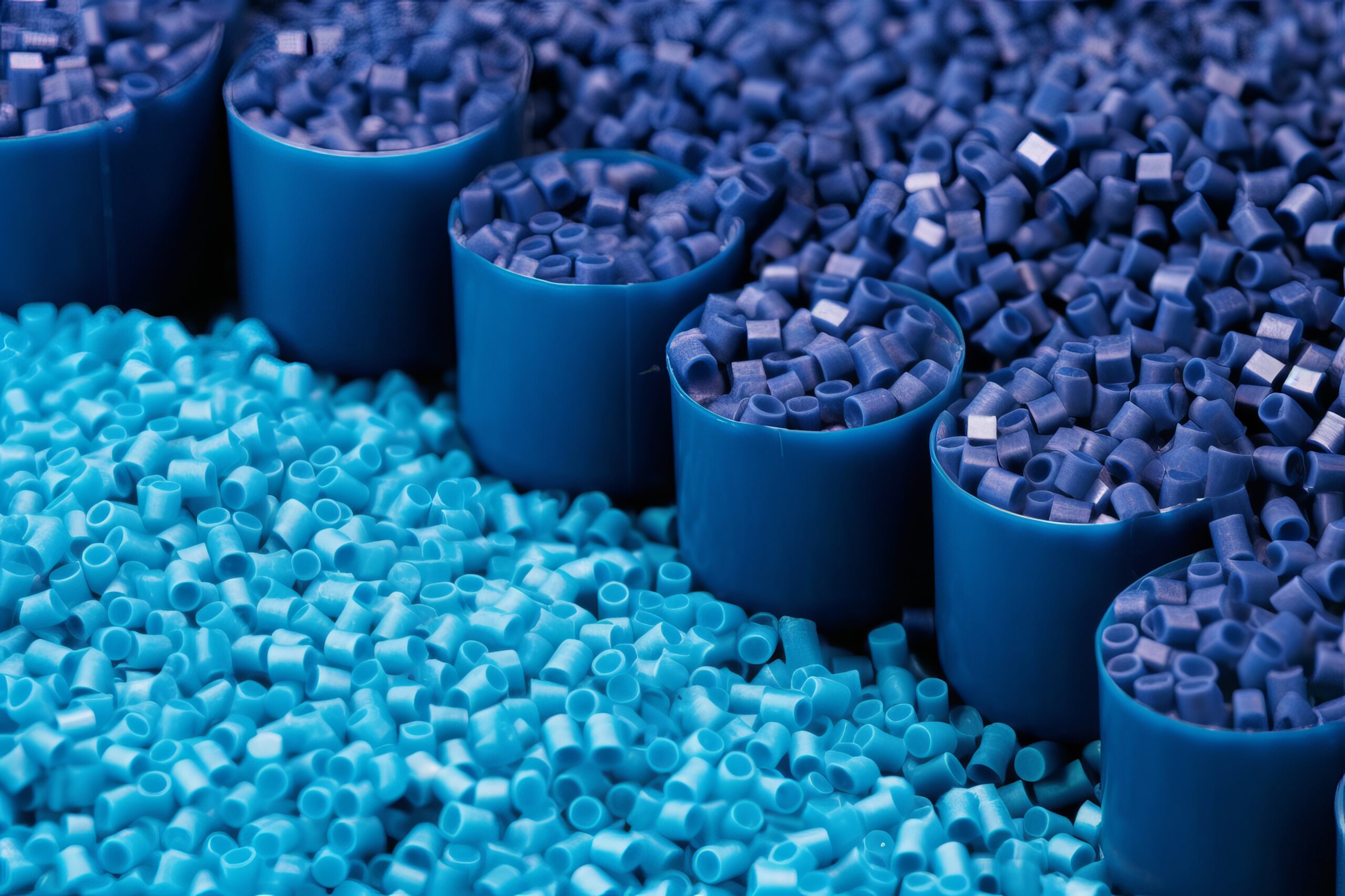 Close up of a two stacks of blue plastic polypropylene granules on a table,Generative AI.