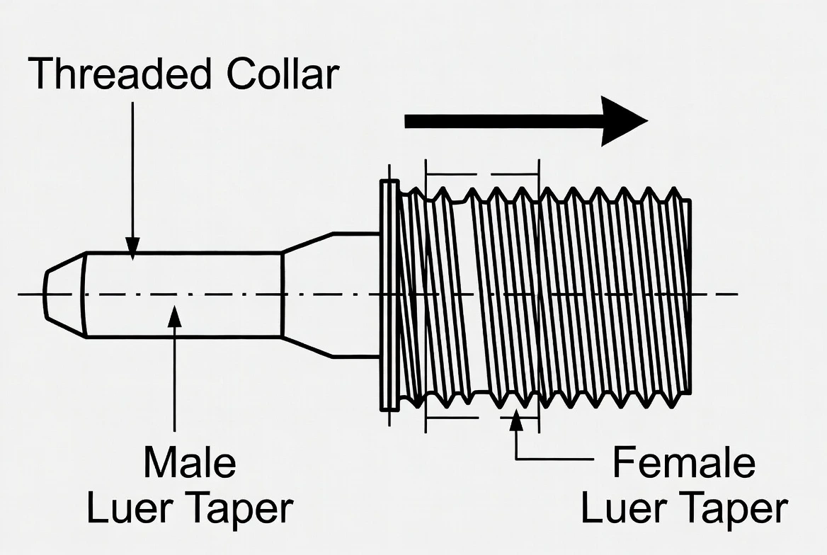 Illustration showing rotational forces that can loosen a Luer lock connection