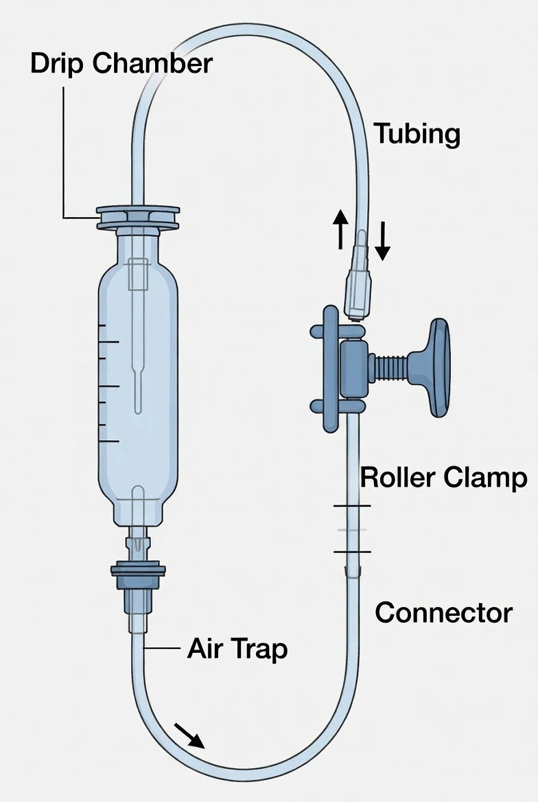 medical IV set components and fluid flow diagram