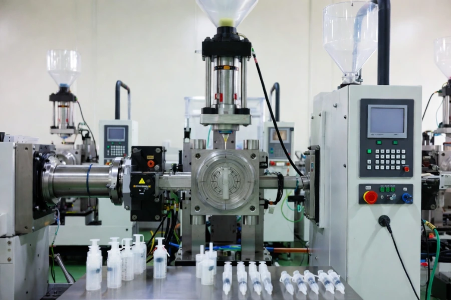 medical injection molding factory producing medical plastic parts, injection molding machine with transparent mold showing plastic part production, clean manufacturing environment, healthcare plastic components on table, realistic industrial photography