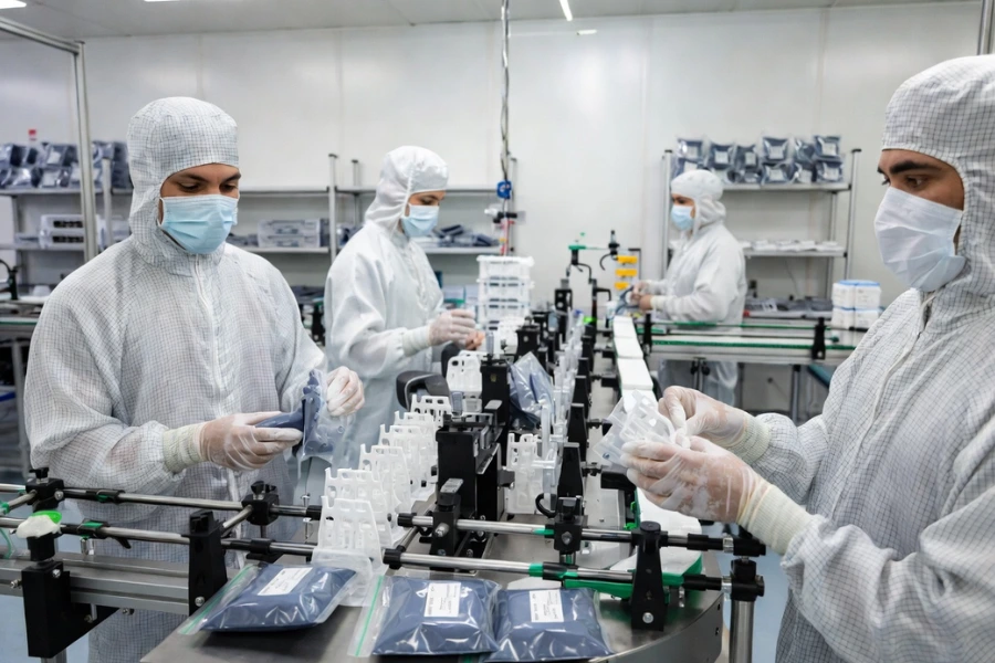 medical device assembly and packaging after injection molding production