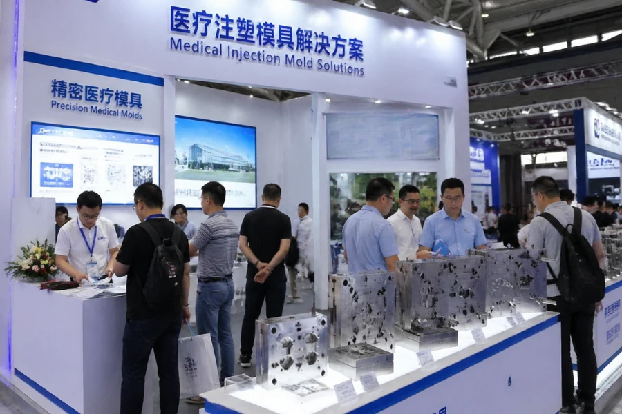 Medical injection molding factory at Chinese trade show, multiple molds on display, industrial setup