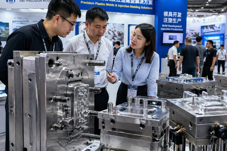 Medical molds displayed at trade exhibition in China, engineers discussing mold specifications