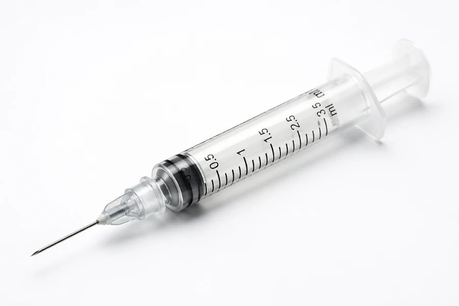 Standard medical syringe with plunger and needle, highlighting volume markings and precision design