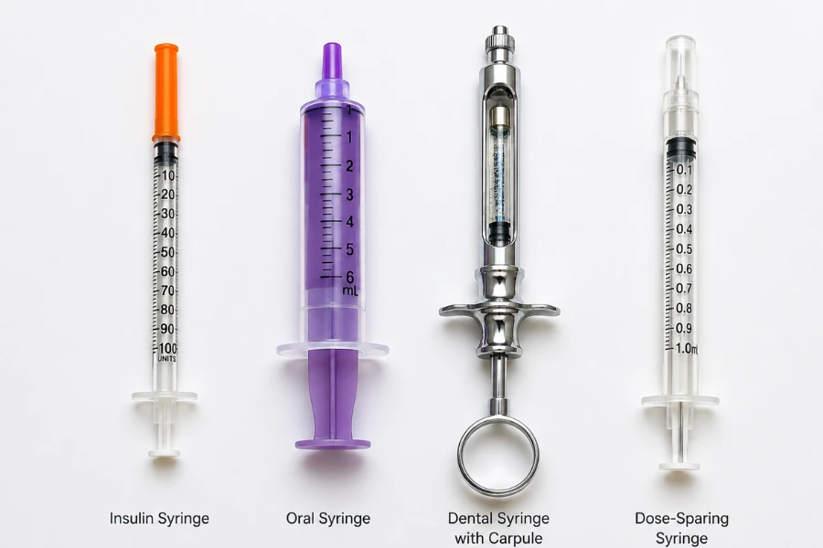 Comparison of different syringe types including insulin, oral, dental, and dose-sparing syringes for medical applications