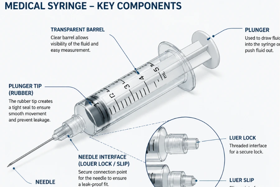 Diagram showing syringe components including barrel, plunger, and needle tip for educational purposes