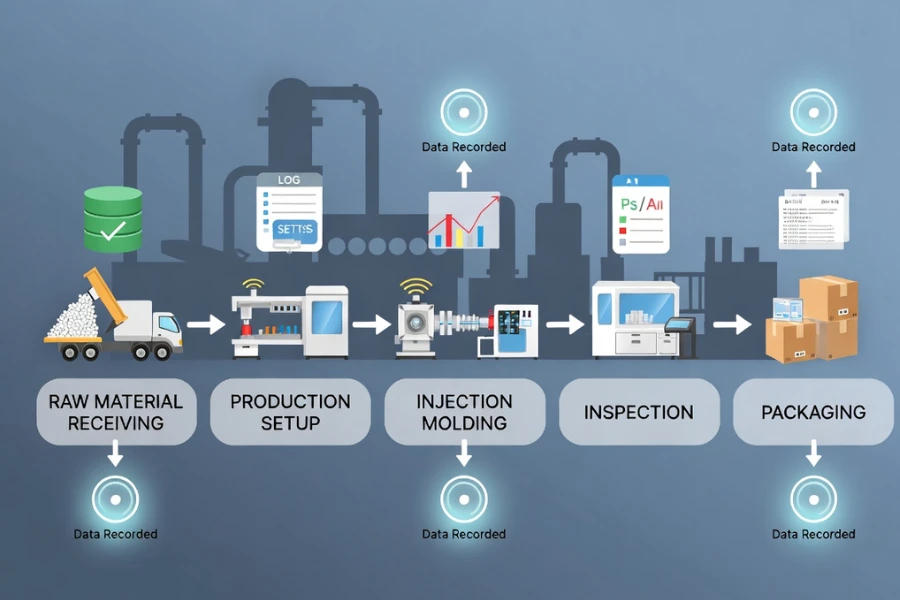 manufacturing workflow showing process data recording from raw material to final product