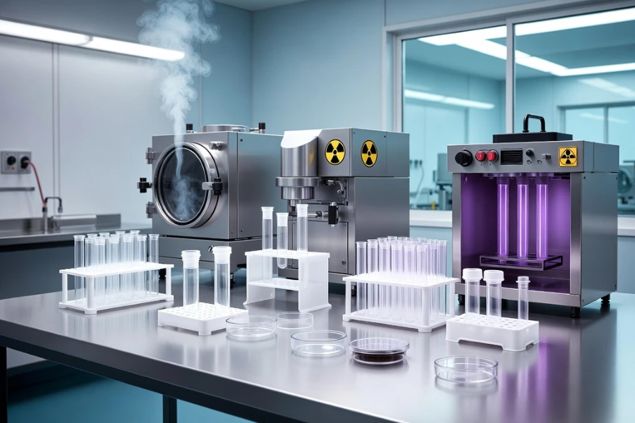 Medical plastics undergoing sterilization in a laboratory setting