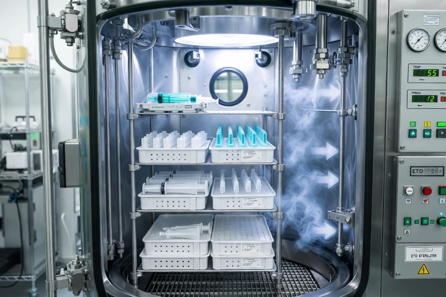 Ethylene oxide sterilization process on heat-sensitive medical plastics