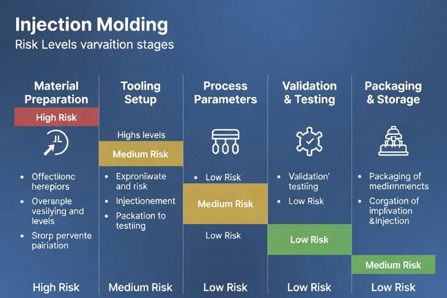 validation risk levels across medical injection molding production stages