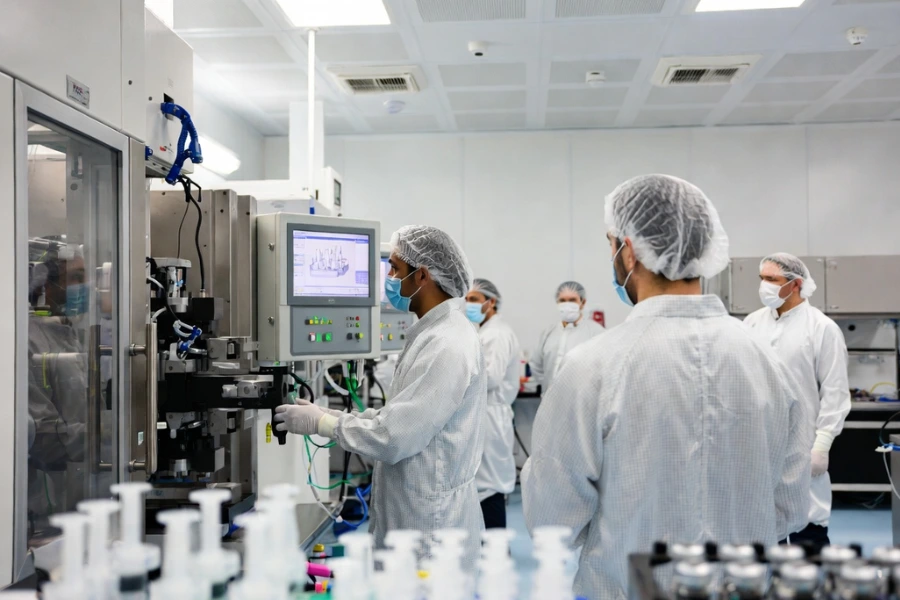 Medical injection molding cleanroom with engineers performing mold flow analysis and monitoring injection machine parameters