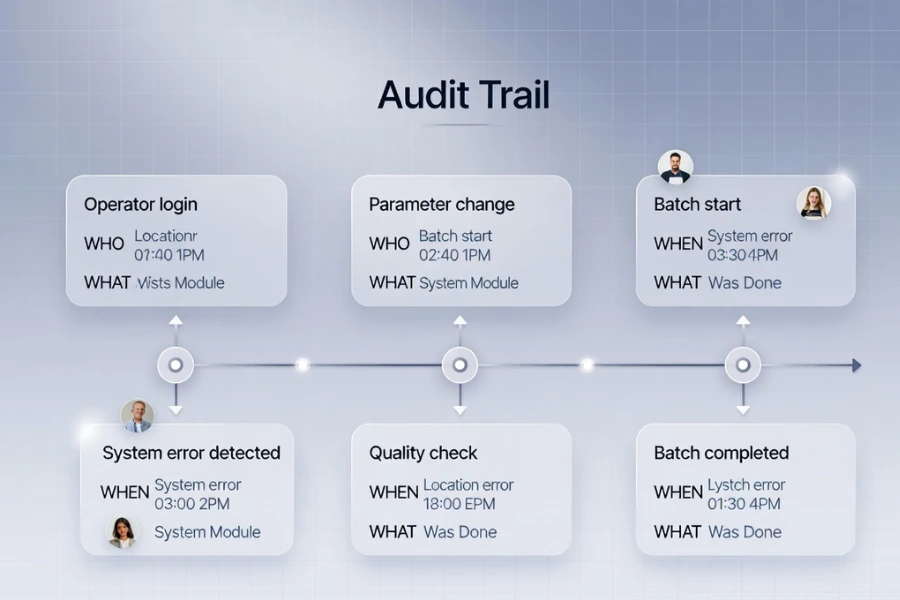 audit trail example showing who did what when in manufacturing data recording system