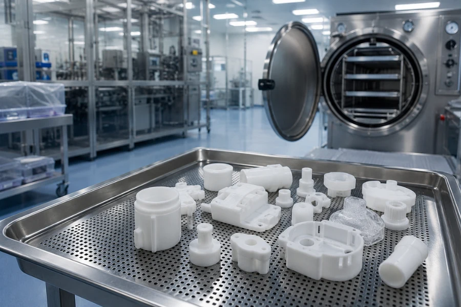 Medical injection molded parts undergoing sterilization process in cleanroom medical manufacturing environment