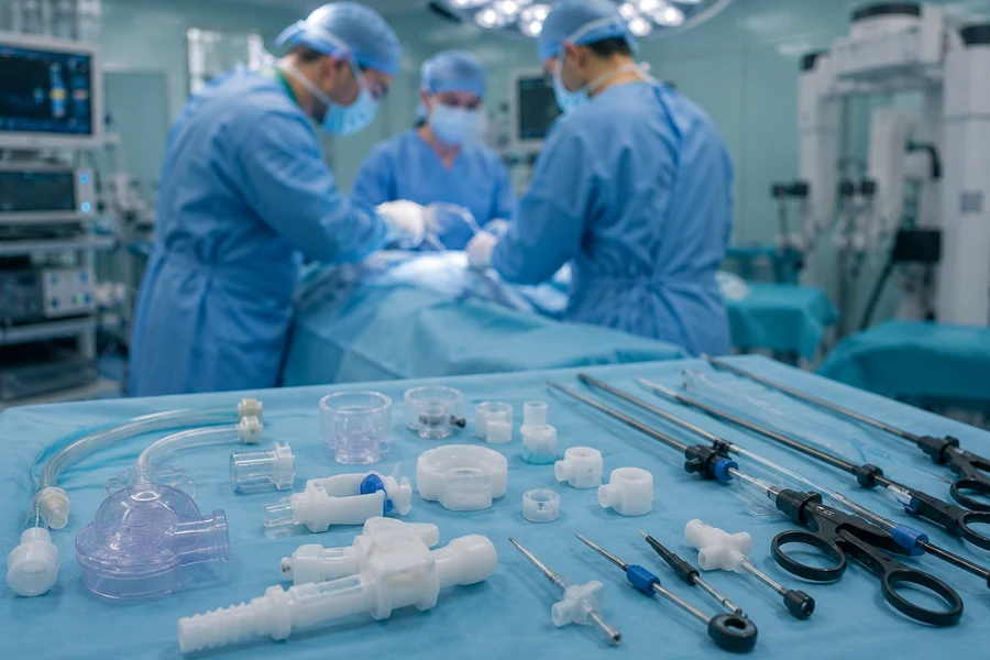 Medical plastic components used in hospital and clinical environments requiring sterilization after production