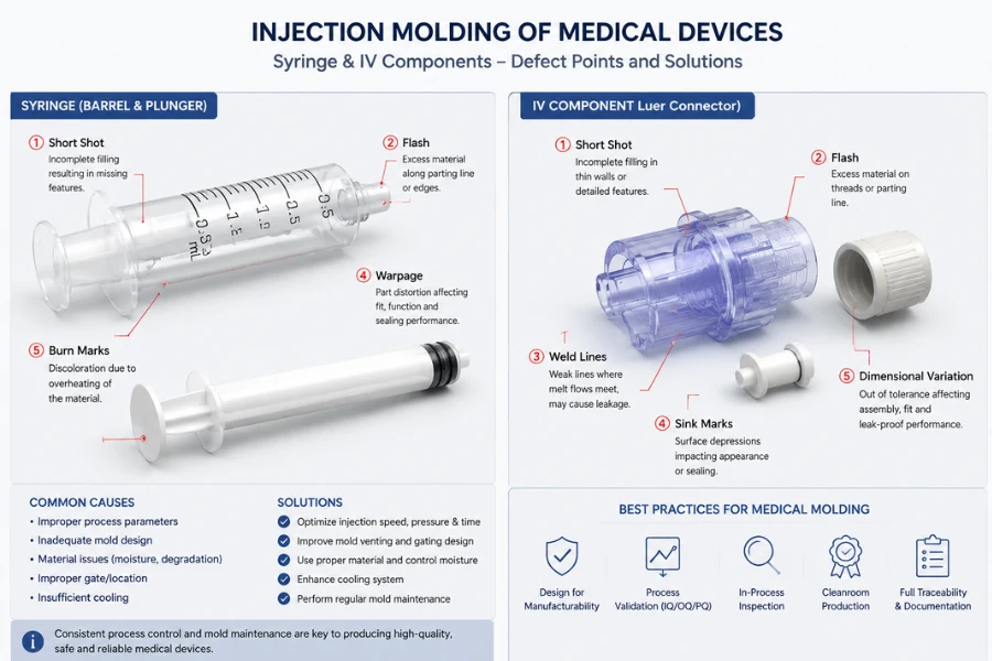 Injection molded single-use medical devices showing potential defect points