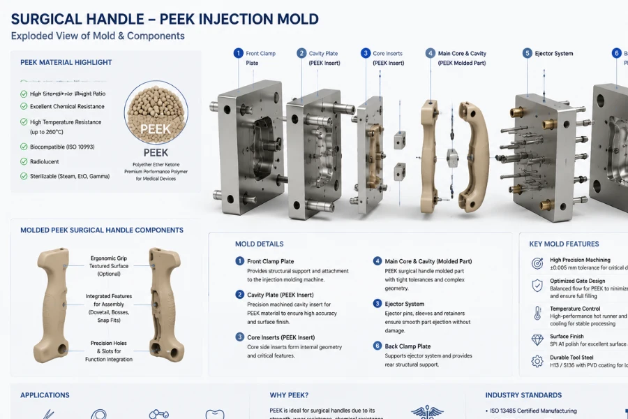 Reusable surgical instrument handle molded in PEEK with dimensional detail