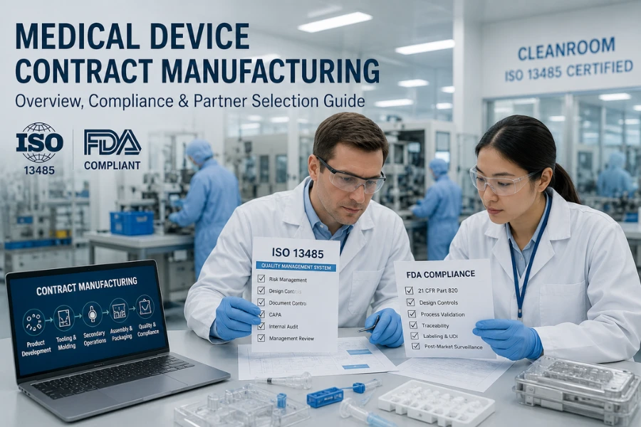 Medical device contract manufacturing workflow with engineers reviewing quality documents and regulatory standards
