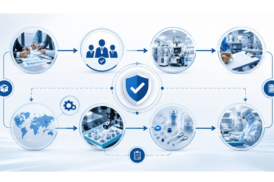 medical device supplier evaluation process showing quality control and regulatory compliance workflow