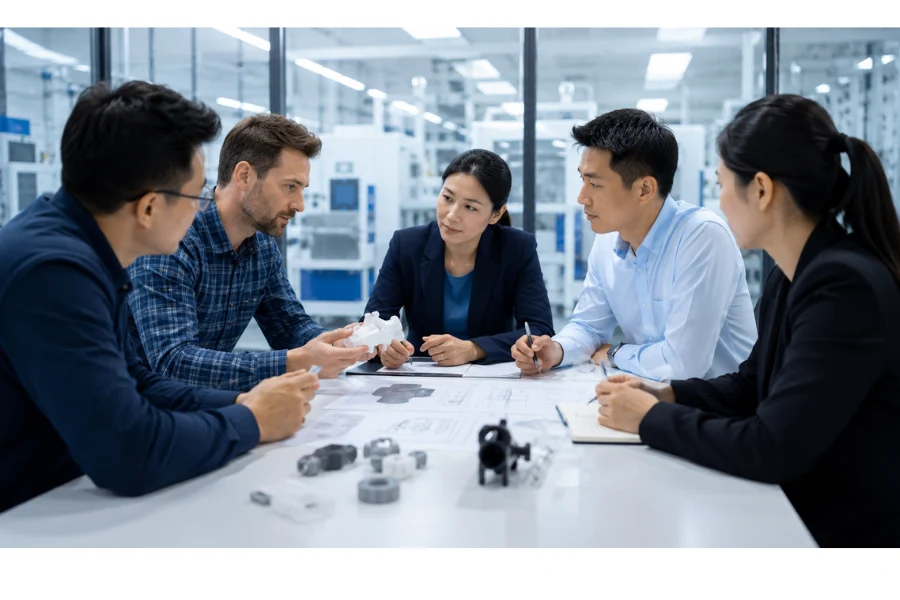 Cross-functional team reviewing medical device design transfer requirements for manufacturing readiness