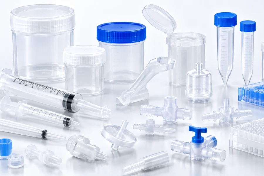 Polypropylene medical components including syringes, containers and fluid handling parts