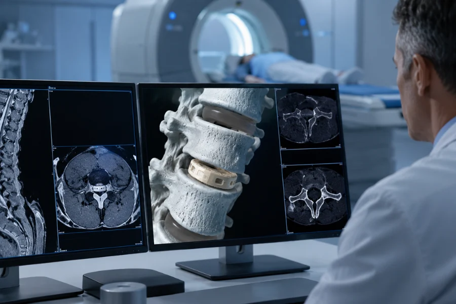 PEEK implant material providing radiolucency for CT and MRI imaging in medical devices