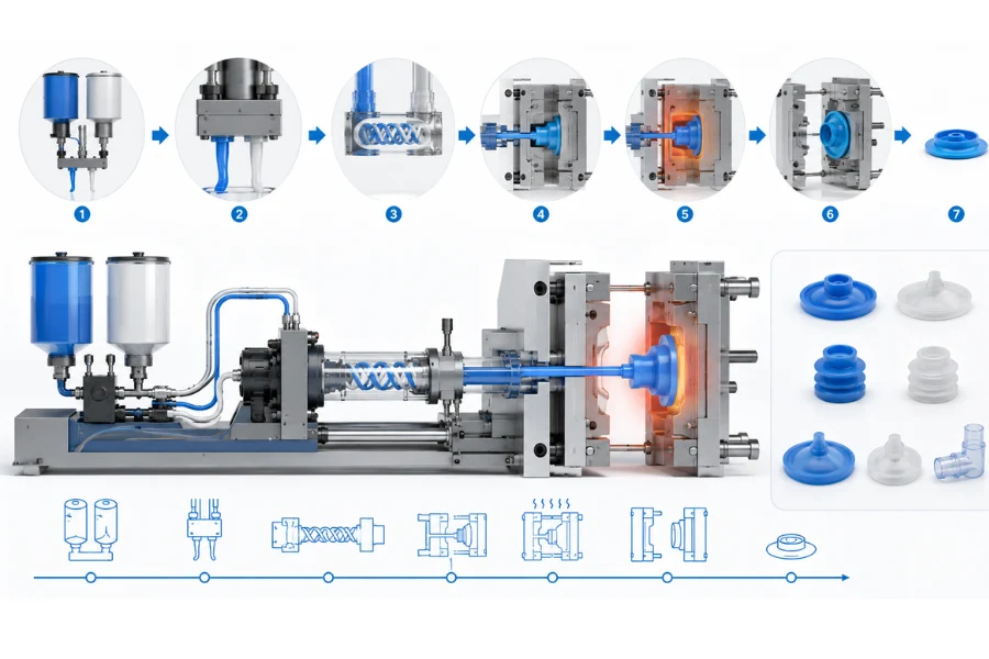 Liquid silicone rubber injection molding process from mixing to curing
