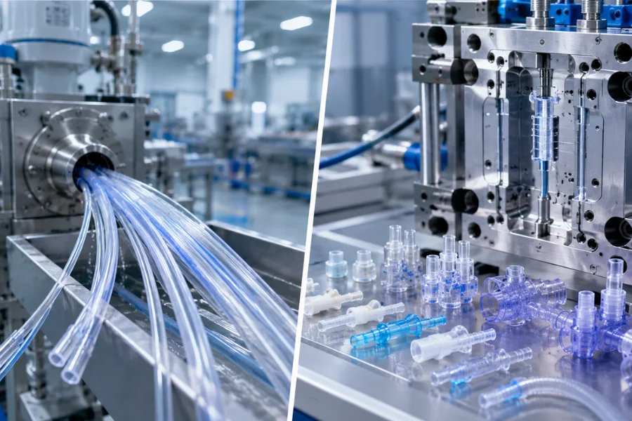 Extruded TPU catheter tubing and injection molded medical components