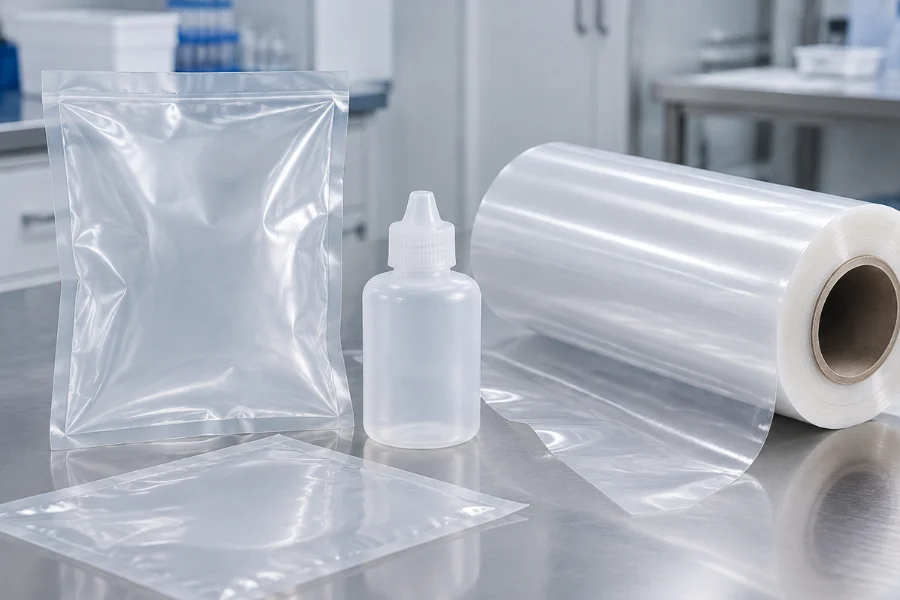 Flexible LDPE film and containers for medical and pharmaceutical packaging
