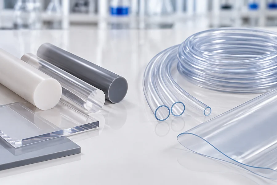Rigid and flexible medical grade PVC material samples showing different mechanical properties