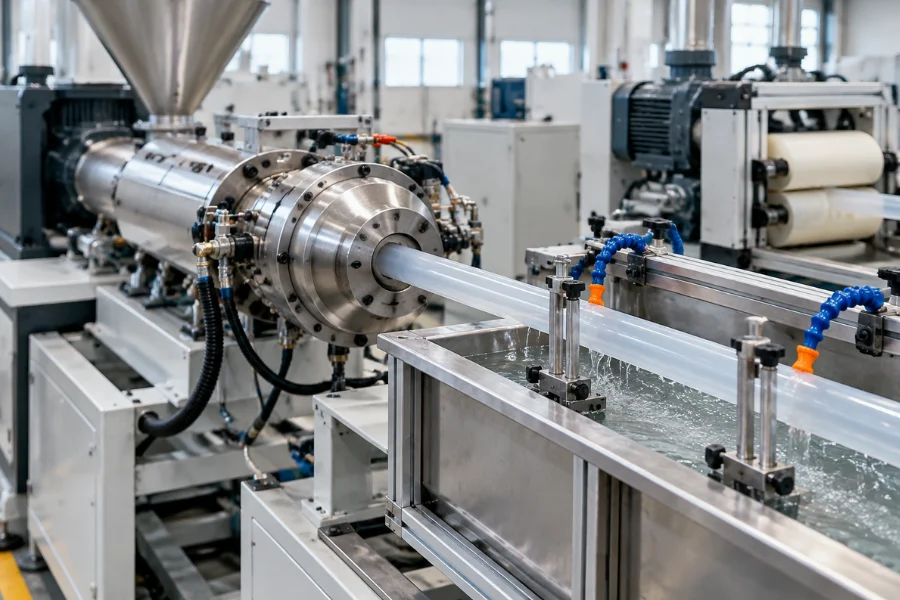 LDPE tubing extrusion process with sizing and cooling equipment